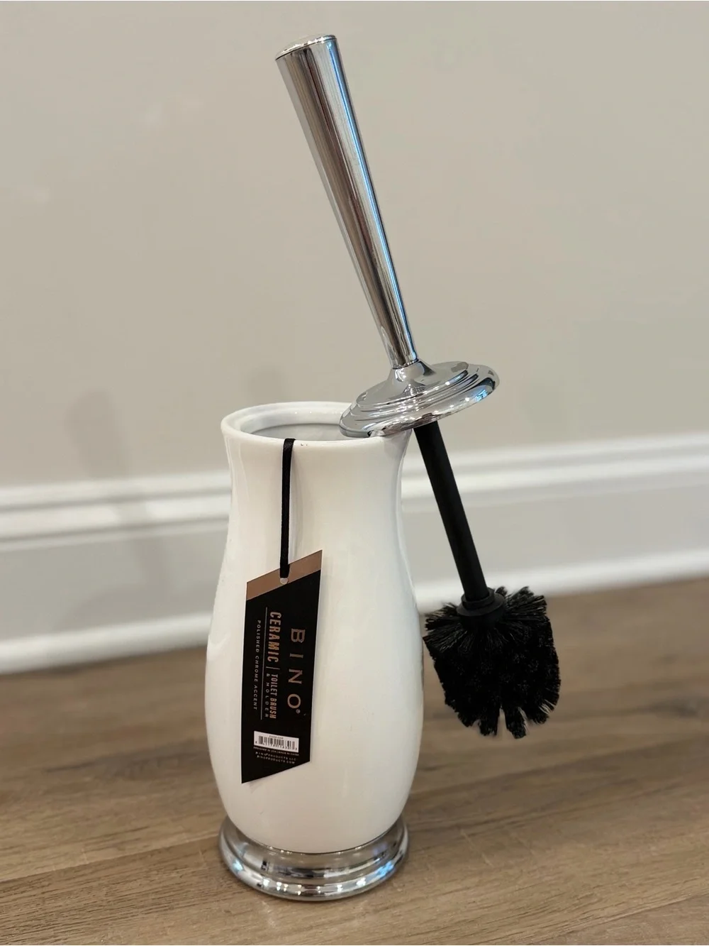 BINO White Ceramic Toilet Brush Holder Set Chrome Finish Freestanding Bathroom